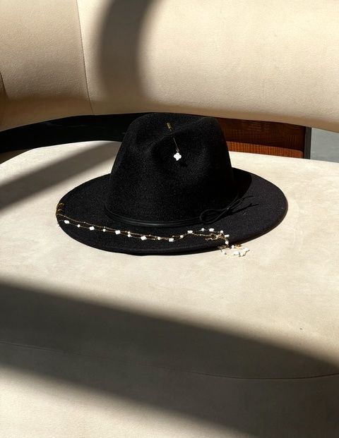 Women's felt fedora hat with decor and chain, black with 7 cm brim