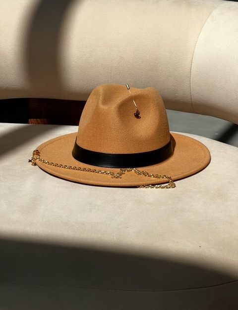 Women's felt fedora hat with decor and chain, camel with 7 cm brim