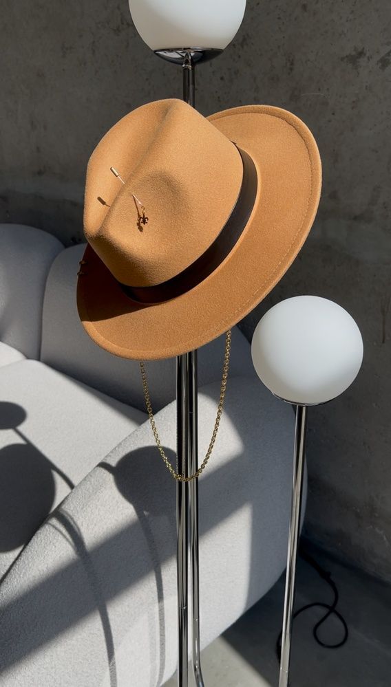 Women's felt fedora hat with decor and chain, camel with 7 cm brim