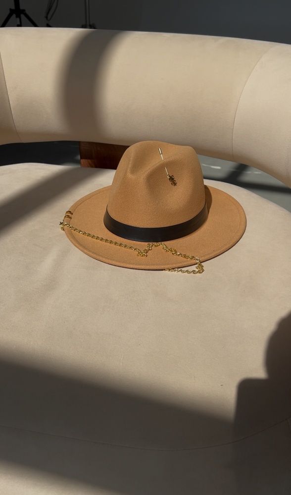 Women's felt fedora hat with decor and chain, camel with 7 cm brim