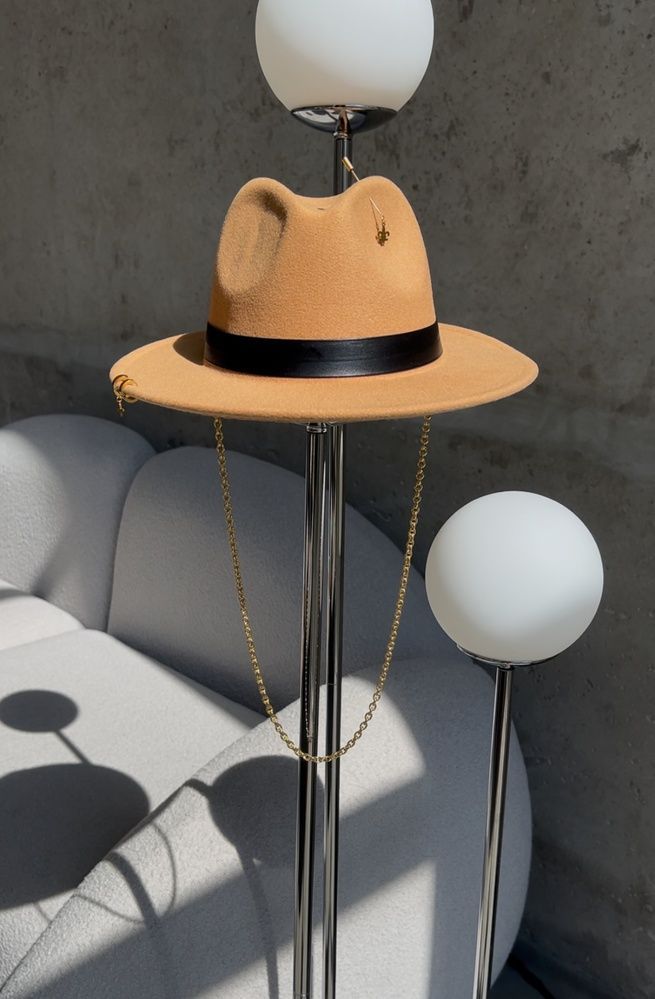 Women's felt fedora hat with decor and chain, camel with 7 cm brim