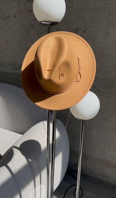 Women's felt fedora hat with decor and chain, camel with 7 cm brim