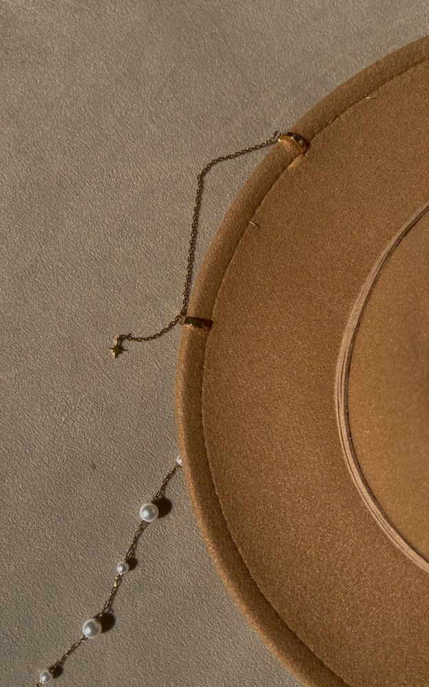 Women's felt fedora hat with decor and chain, camel with 7 cm brim