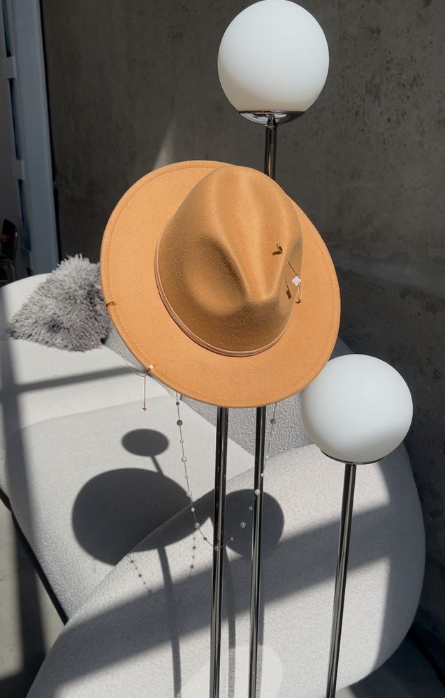 Women's felt fedora hat with decor and chain, camel with 7 cm brim