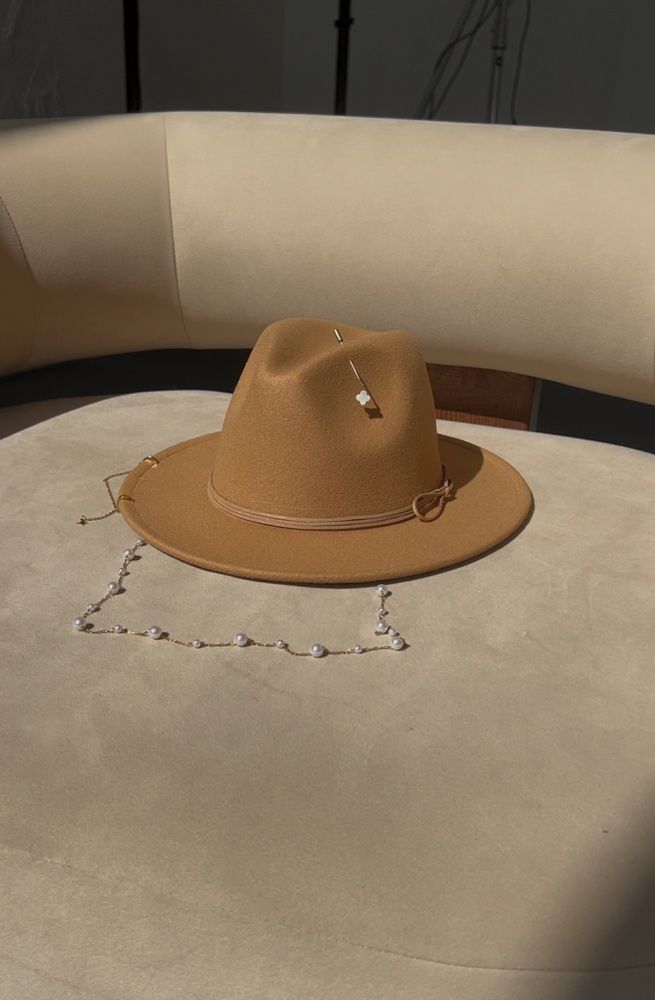 Women's felt fedora hat with decor and chain, camel with 7 cm brim