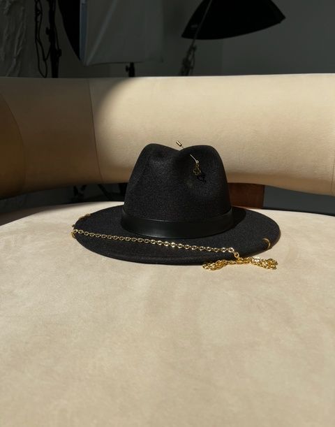 Women's felt fedora hat with decor and chain, black with 7 cm brim