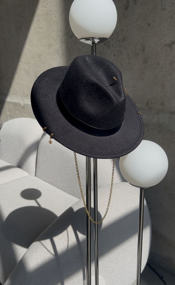 Women's felt fedora hat with decor and chain, black with 7 cm brim