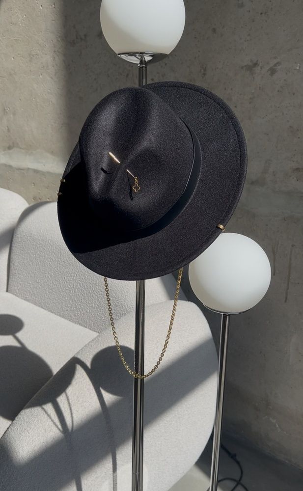 Women's felt fedora hat with decor and chain, black with 7 cm brim