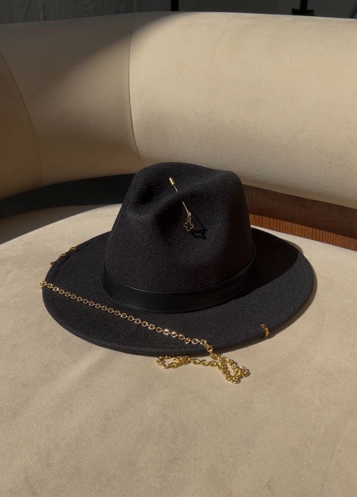 Women's felt fedora hat with decor and chain, black with 7 cm brim