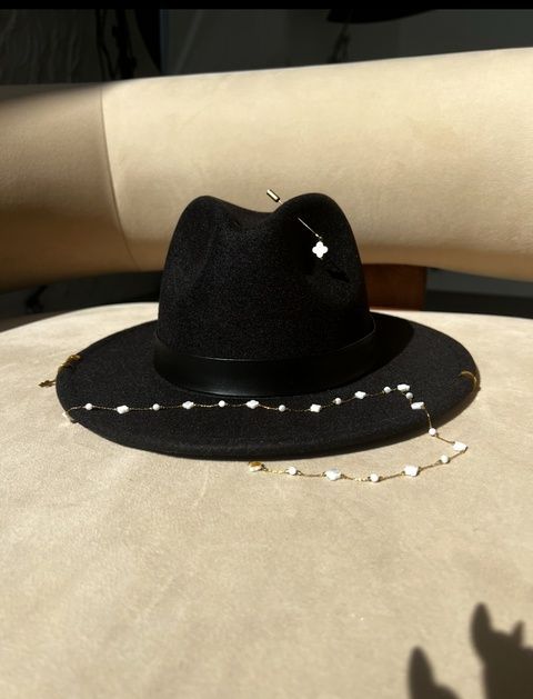 Women's felt fedora hat with decor and chain, black with 7 cm brim