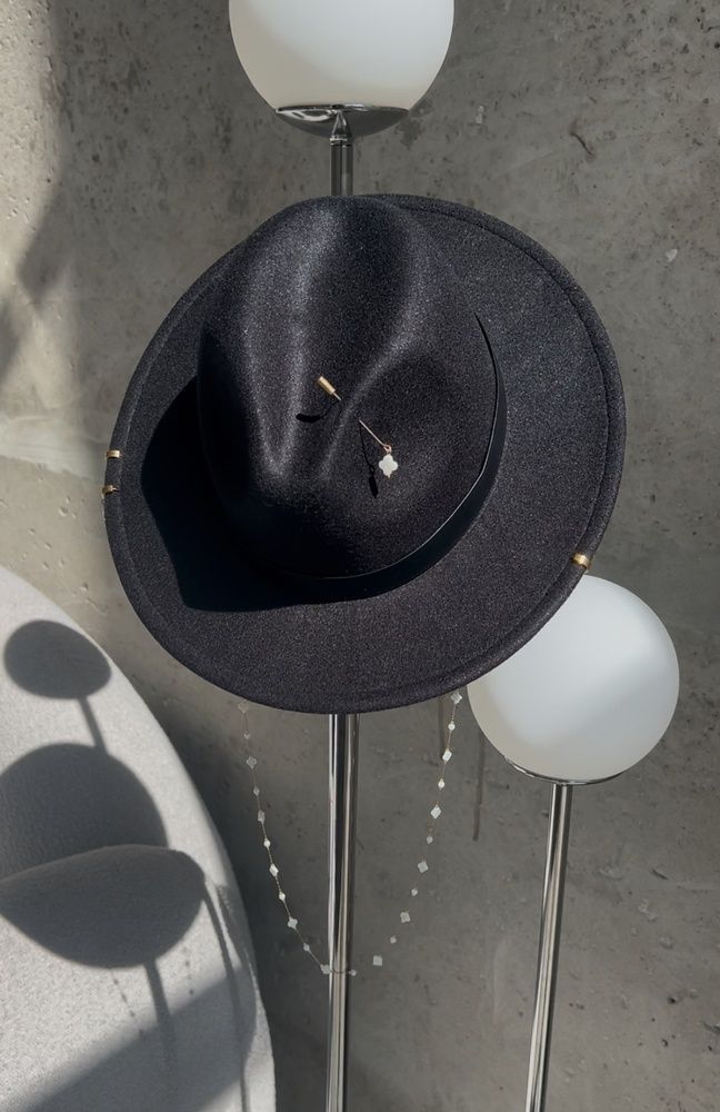 Women's felt fedora hat with decor and chain, black with 7 cm brim