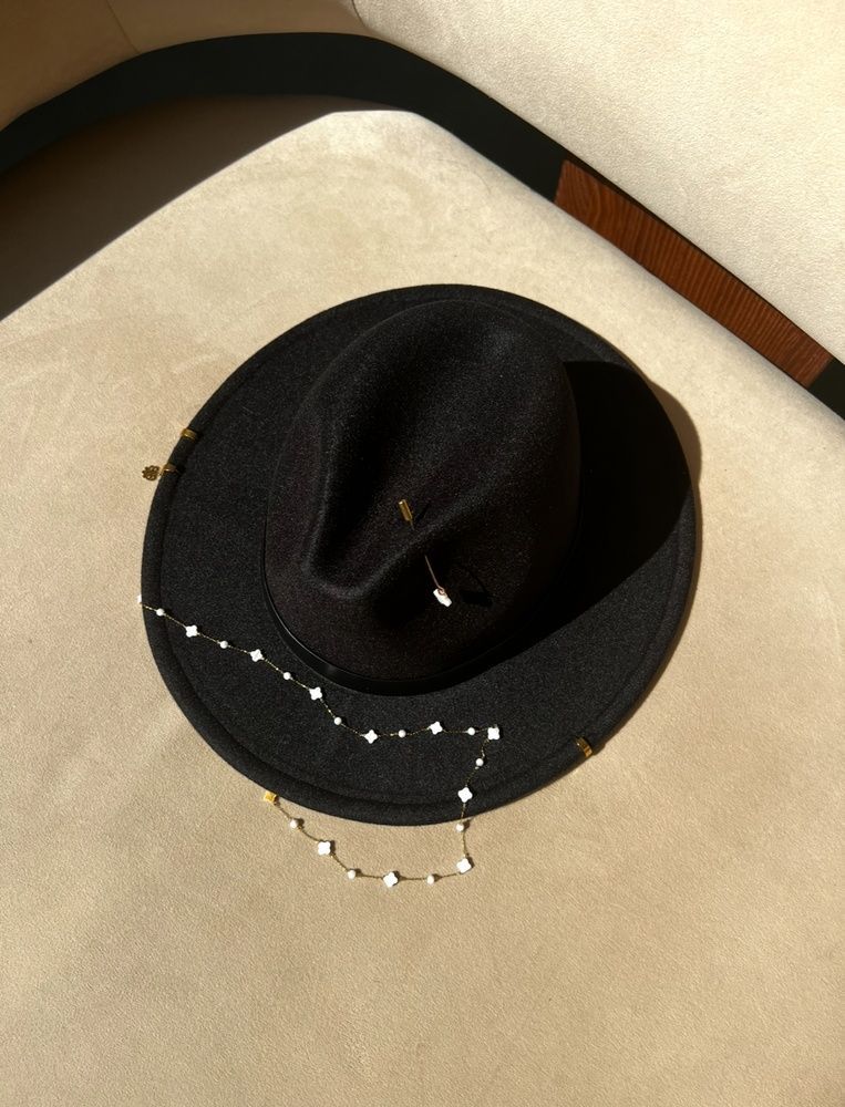 Women's felt fedora hat with decor and chain, black with 7 cm brim