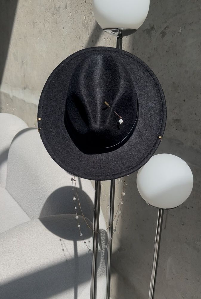 Women's felt fedora hat with decor and chain, black with 7 cm brim